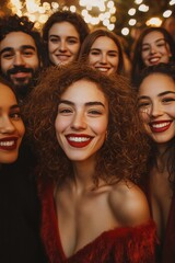 Fototapeta premium Portrait of friends taking a group photo at a holiday party. Everyone is smiling and celebrating the festive season together