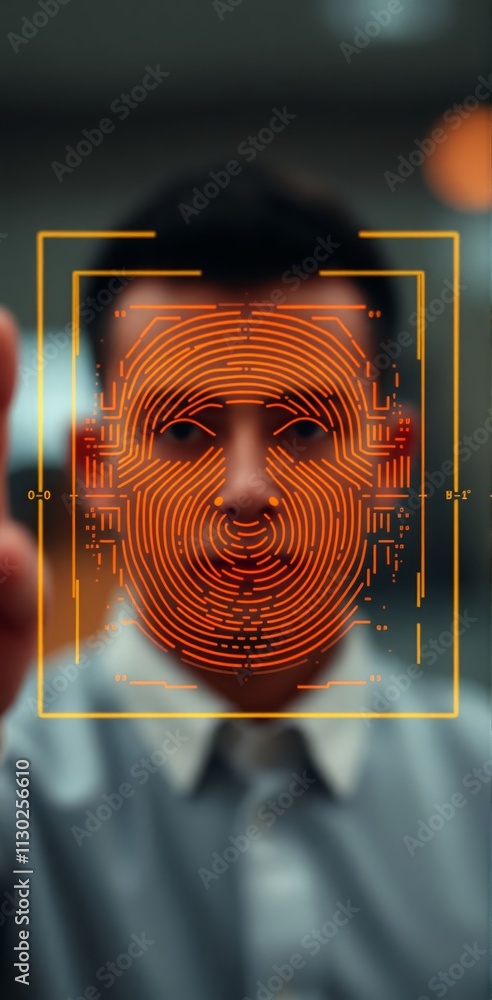Poster orange digital fingerprint overlay on blurred face with frame symbolizing biometric access
