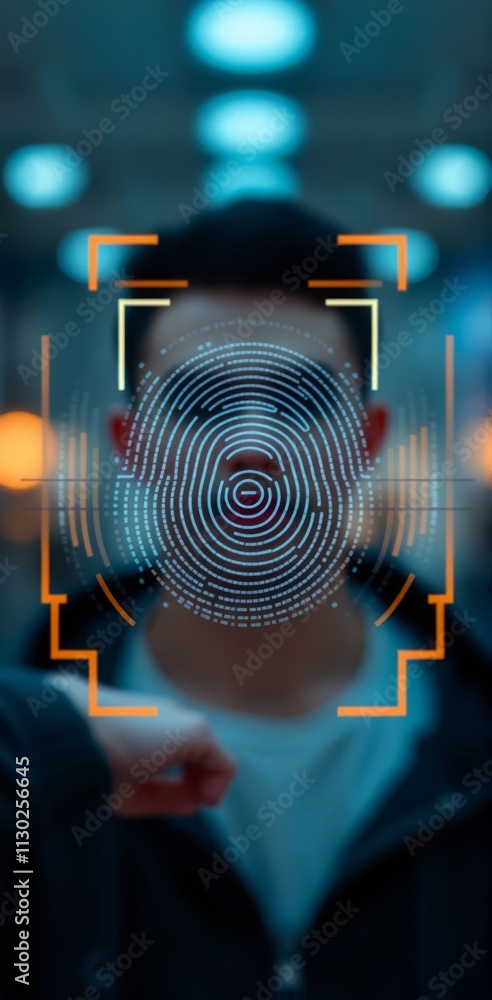 Poster digital fingerprint overlay on blurred face with orange frame symbolizing biometric security