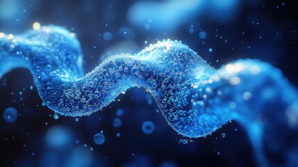 Obraz premium DNA helix and cells in a microscopic view, blue-toned genetic structure visualization