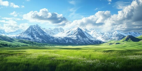 Fototapeta premium Vast field covered with vibrant grass stretches toward majestic mountains capped with snow, creating a stunning landscape perfect for nature enthusiasts and outdoor explorers.