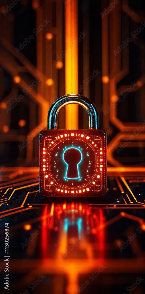 Poster futuristic orange padlock with circuit design on digital background symbolizing cybersecurity