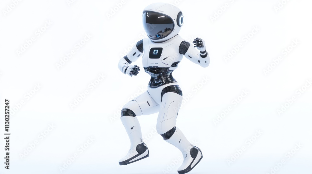 Poster a futuristic humanoid robot in a dynamic pose, suggesting movement and agility.