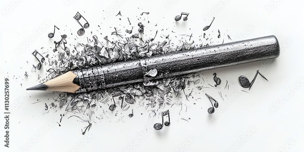Poster a pencil sharpened to a point with musical notes drawn around it.