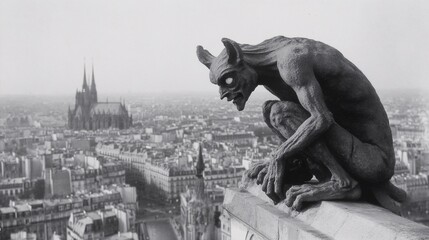 Gothic Gargoyle on Cathedral Overlooking Historic Cityscape