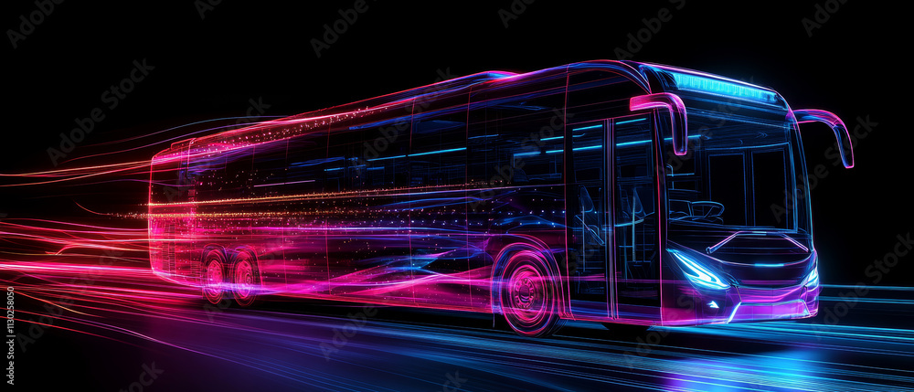Poster dynamic digital rendering of a futuristic passenger bus with neon effects against a dark background 