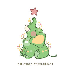 Baby elephant as a green tree with a garland and a star. Vector postcard with a New Year. Lettering on a poster "Christmas treelephant". Wordplay. Hand drawn illustration