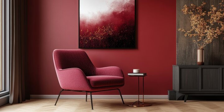 Stylish posters adorning a bright wall in a hotel room interior complementing a burgundy armchair, creating an inviting and contemporary atmosphere with artistic flair.