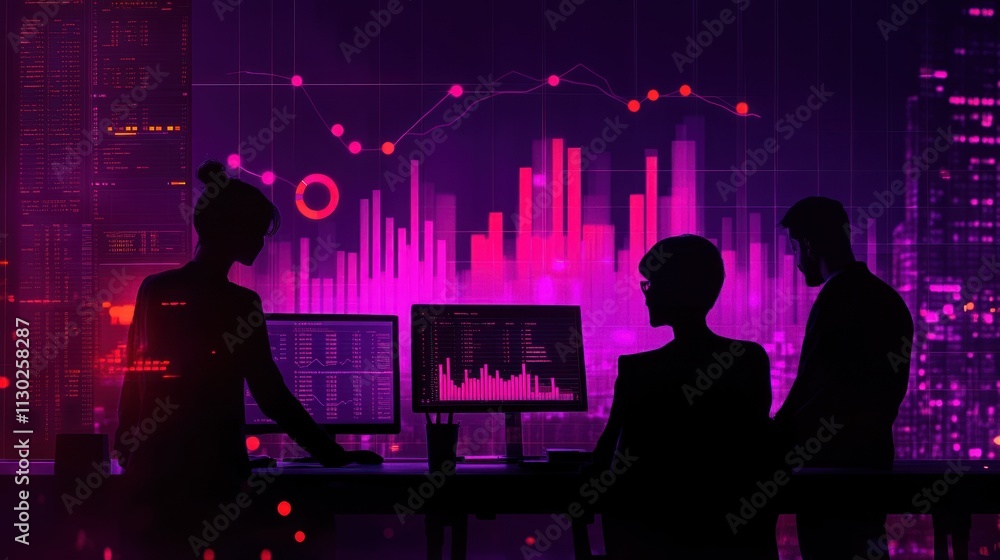 Fototapete silhouettes of professionals analyzing data with digital graphs and charts in a modern workspace.