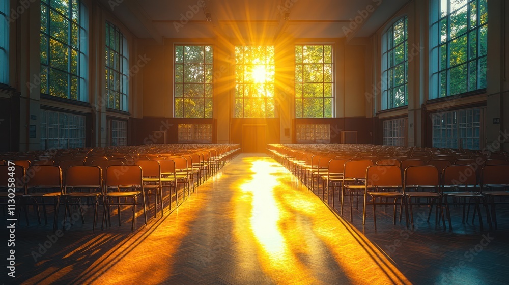 Poster sunbeams illuminate empty hall with rows of chairs.