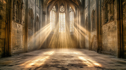 Naklejka premium Sunlight streams through tall stained glass windows, casting golden rays across the dusty floor of a gothic cathedral