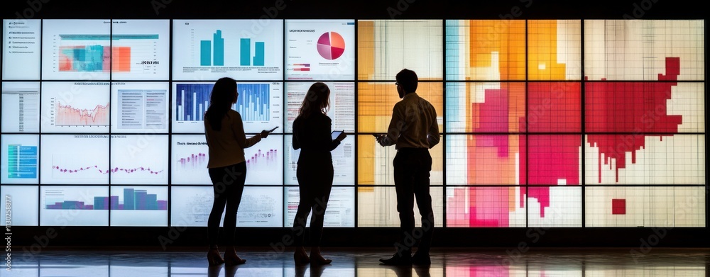 Leinwandbilder Silhouettes of people analyzing data on a large screen displaying various graphs and charts.