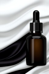 Naklejka premium Elegant Amber Dropper Bottle with Black Cap on Satin Fabric: Luxury Skincare Product Photography