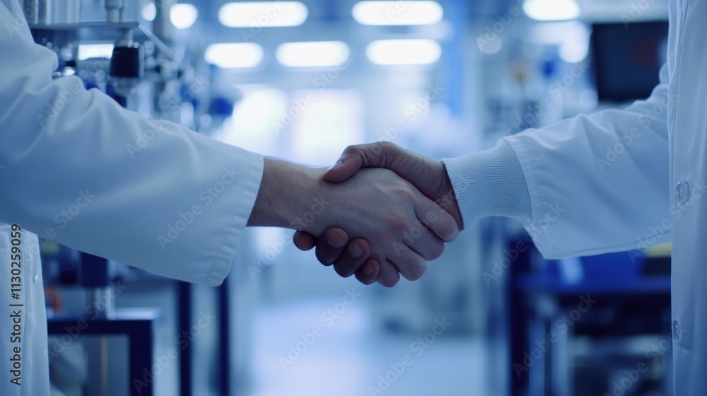 Aufkleber a handshake between two individuals in lab coats, symbolizing collaboration in a scientific setting.