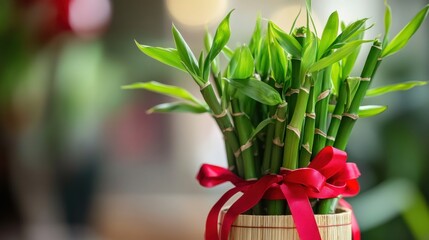 Lucky bamboo plant in pot with red ribbon.