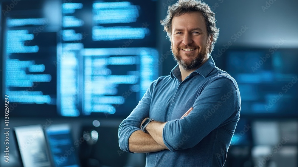 Poster A smiling man stands confidently in front of digital screens displaying code in a tech environment.