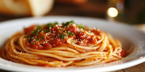 Fototapeta premium Savor the flavors of delicious pasta served with a rich tomato sauce, showcasing the delightful combination of delicious ingredients in this mouthwatering dish of pasta and sauce.