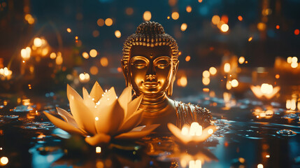 Obraz premium Radiant golden Buddha surrounded by lotus flowers amidst glowing lights and a dreamy bokeh backdrop