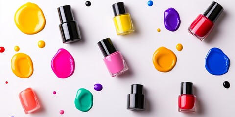 Obraz premium Nail polish blots and bottles arranged on a clean white background, showcasing various colors and textures of nail polish, creating a vibrant and artistic composition with nail polish elements.