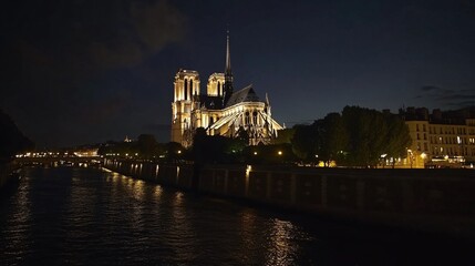 Nighttime View of Notre Dame Cathedral with Illuminated Architecture