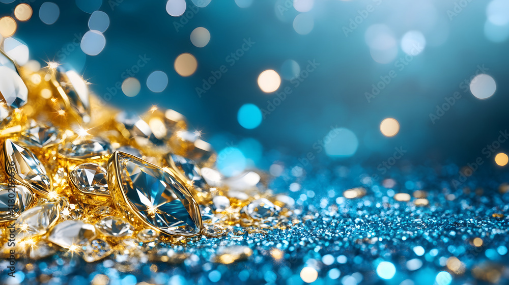 Poster a vibrant arrangement of sparkling gold and diamond-like gems on a shimmering blue surface, creating