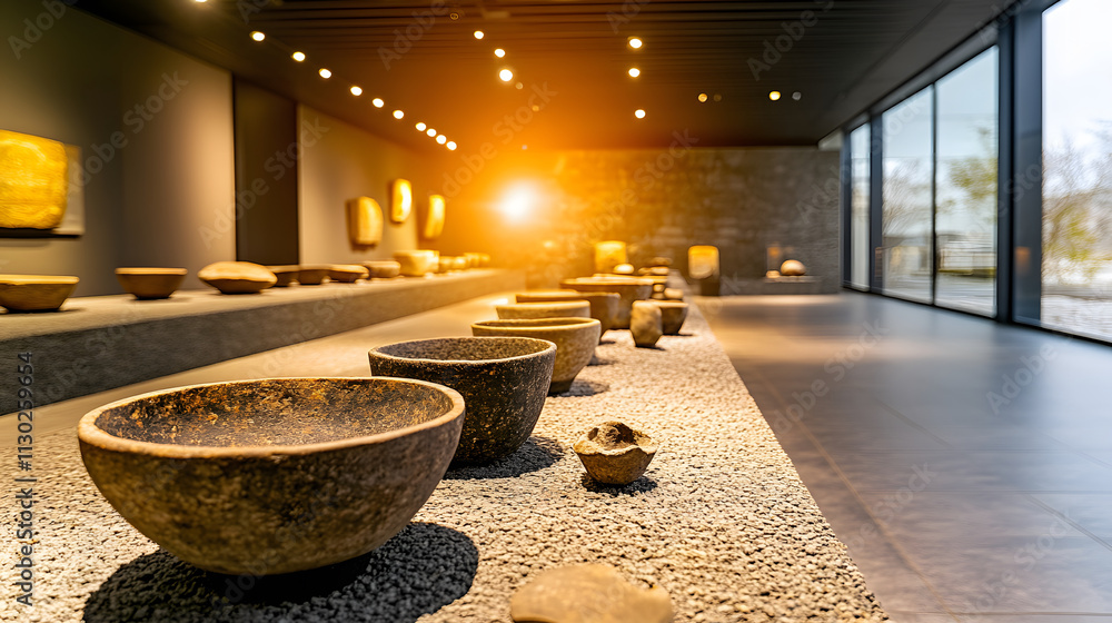 Aufkleber a modern museum interior featuring a row of ancient pottery bowls, illuminated by sunlight, creating
