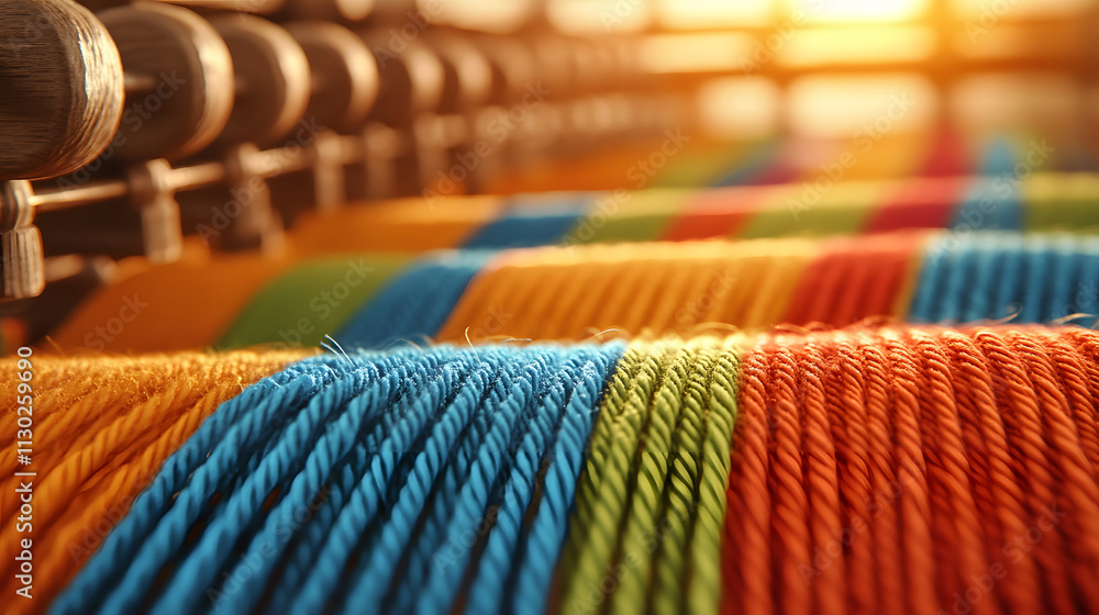 Poster a close-up view of vibrant threads on a loom, showcasing colorful stripes illuminated by warm sunlig
