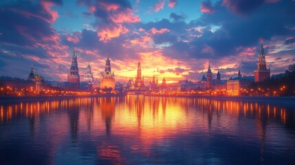 Fototapeta premium Moscow Kremlin sunset reflection in river.