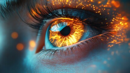Golden iris glowing in extreme close-up of human eye