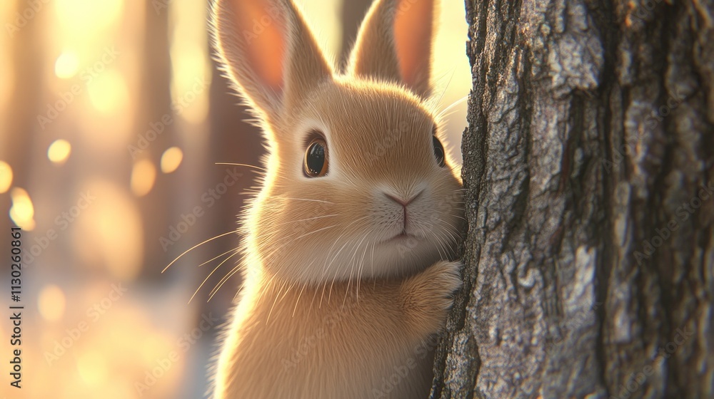 Poster A cute rabbit peeking from behind a tree in a serene forest setting.