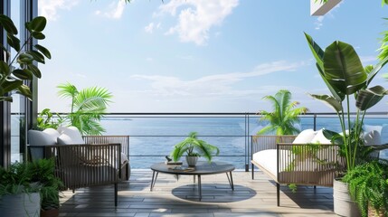 Ultra detailed balcony with ocean vistas, modern metal furniture