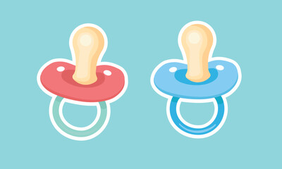 Pacifier or dummy sticker. Baby nipple pacifier vector illustration in cartoon style. Baby element flat vector isolated on white background. Baby symbol. 
