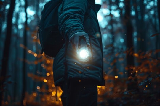 A person exploring a dark forest using a flashlight to illuminate the surroundings.