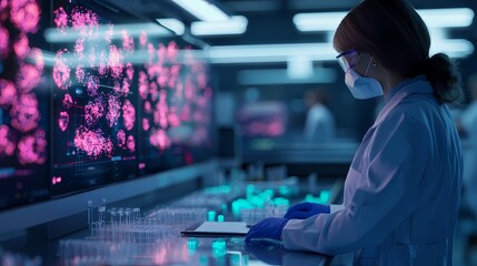 A scientist in a lab coat observes vibrant digital displays of biological data, highlighting research in a modern laboratory setting.