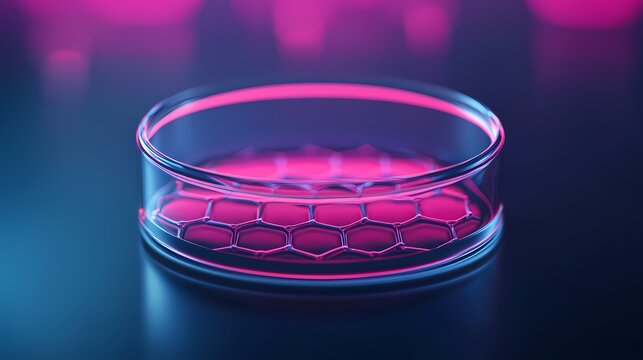 A glowing petri dish with a honeycomb pattern sits on a dark surface, illuminated by vibrant purple and pink lighting.