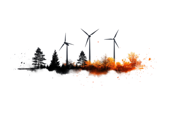 Row of wind turbines in forest landscape with orange and black artistic splashes