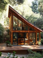 A beautifully designed wooden cabin with large windows and a spacious deck, surrounded by lush trees in a serene forest.
