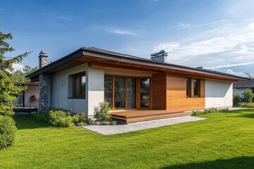 Modern house with wooden accents and landscaped garden.