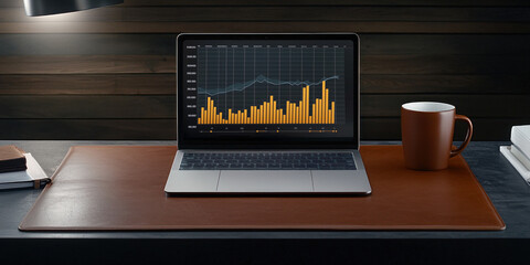 A sleek laptop displaying financial data sits on a stylish desk alongside a coffee cup, showcasing a modern work environment.