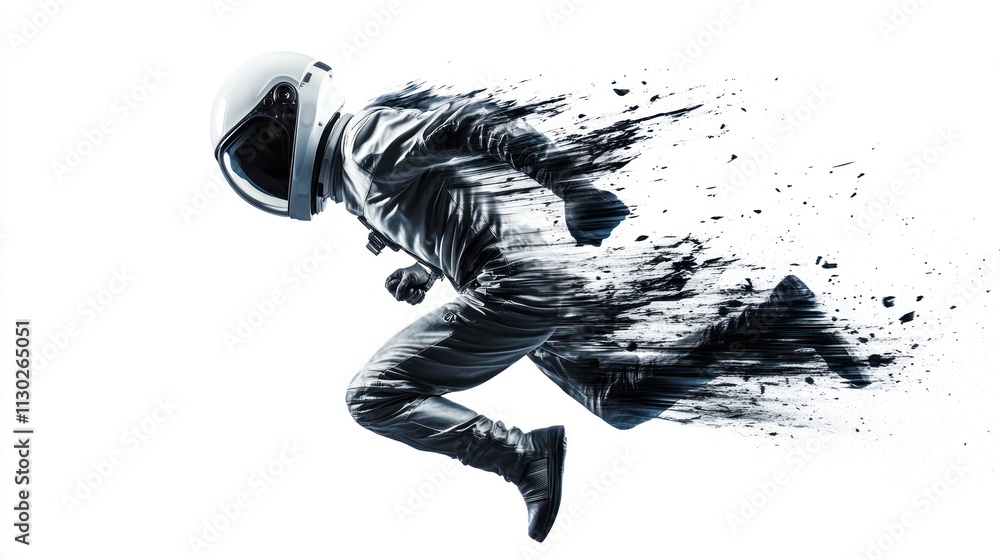Aufkleber A dynamic figure of an astronaut in motion, blending into abstract splashes of black.
