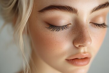 Obraz premium Serene close-up of a freckled woman with closed eyes and natural makeup, showcasing calm beauty and soft features.