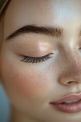 Obraz premium Detailed view of a woman's closed eye highlighting natural freckles and soft makeup for beauty and skincare concepts.