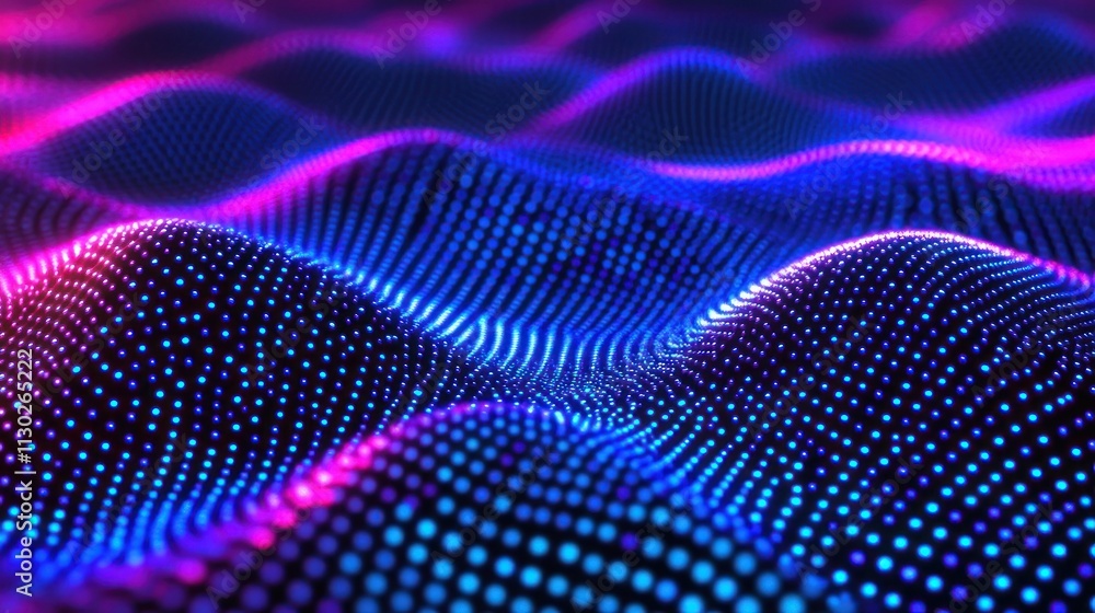 Poster abstract digital landscape with vibrant waves of colored dots.