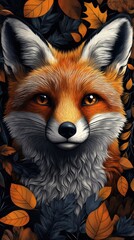Obraz premium A realistic depiction of a fox surrounded by autumn leaves, showcasing nature's beauty.