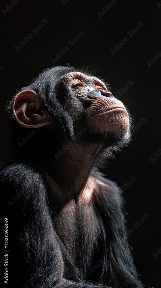 Poster a close-up of a chimpanzee gazing thoughtfully into the distance, highlighting its expressive featur