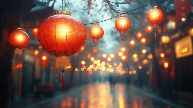 Illuminated lanterns hang over the street, bringing light, culture, and fortune to the Chine New Year
