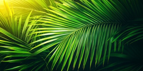 Obraz premium Vibrant green nature showcasing a coconut leaf in sunlight, perfect for natural greenery backgrounds or wallpaper concepts. The coconut leaf adds a touch of beauty to any scenery.