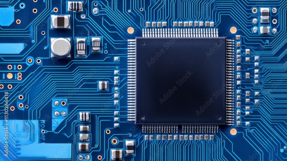 Poster ai glowing circuit board background. connected blue lines with hi-tech electronics elements. compute