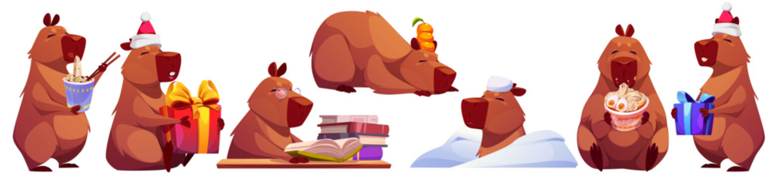 Cute capybara cartoon character mascot eating noodles, holding present, reading books, relaxing on snow, enjoying ramen. Brown furry creature wearing Christmas hat for holiday stickers, greeting card.