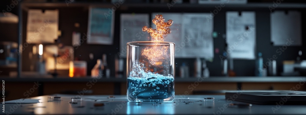Poster a laboratory scene featuring a beaker with bubbling liquid and flames, illustrating a chemical react